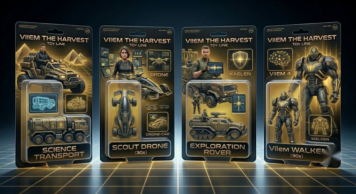 VIIEM vehicle toys: Science Transport, Scout Drone, Exploration Rover and VIIEM Walker